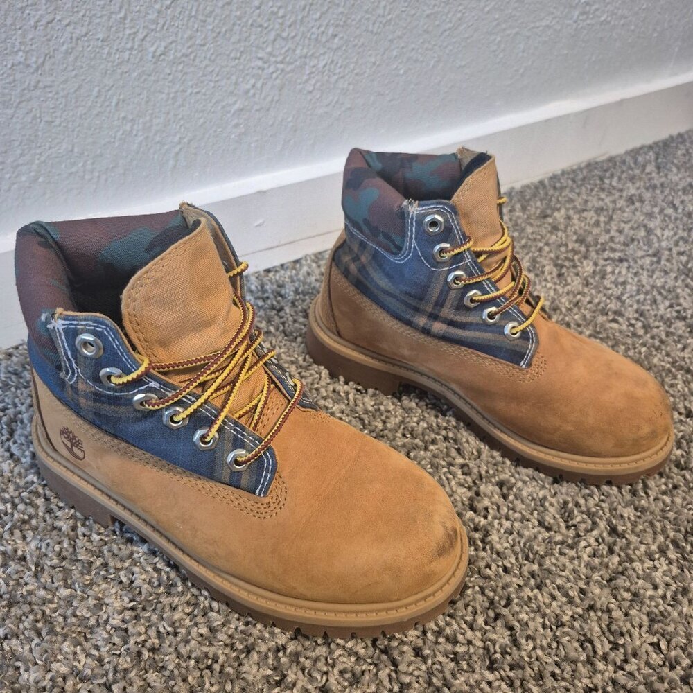 Timberland Heritage Boot Tan Camo Plaid 6 Inch Streetwear Lace Up Junior Boys 1